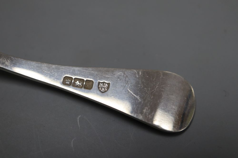 A pair of Georgian silver sugar nips(repair), 12cm and two silver sugar sifter spoons, gross 64 grams.